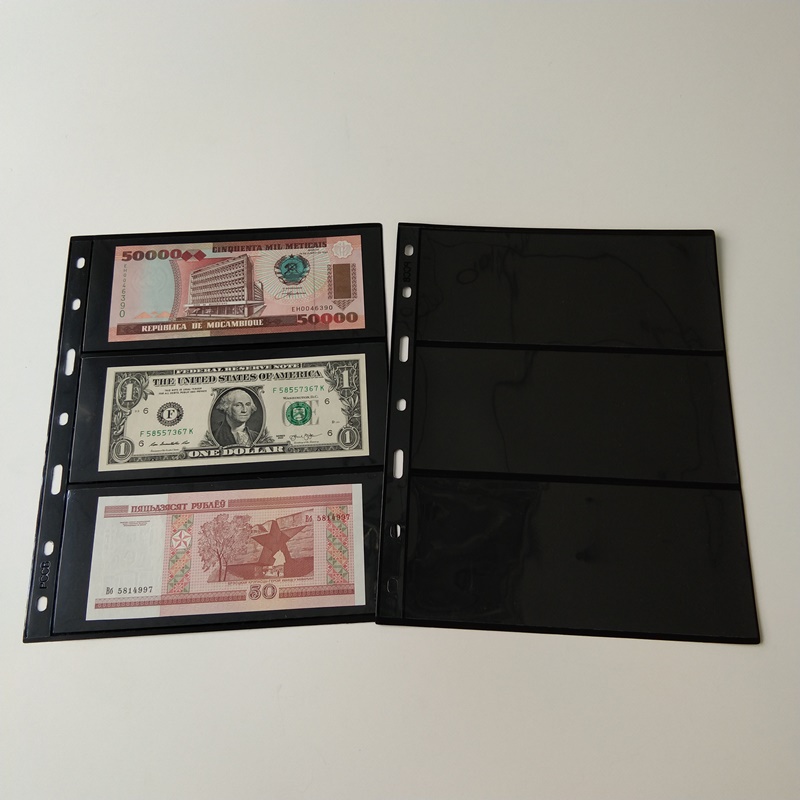 3 páginas de carteira de armazenamento de moeda de bolso preto Poly para contas de moeda